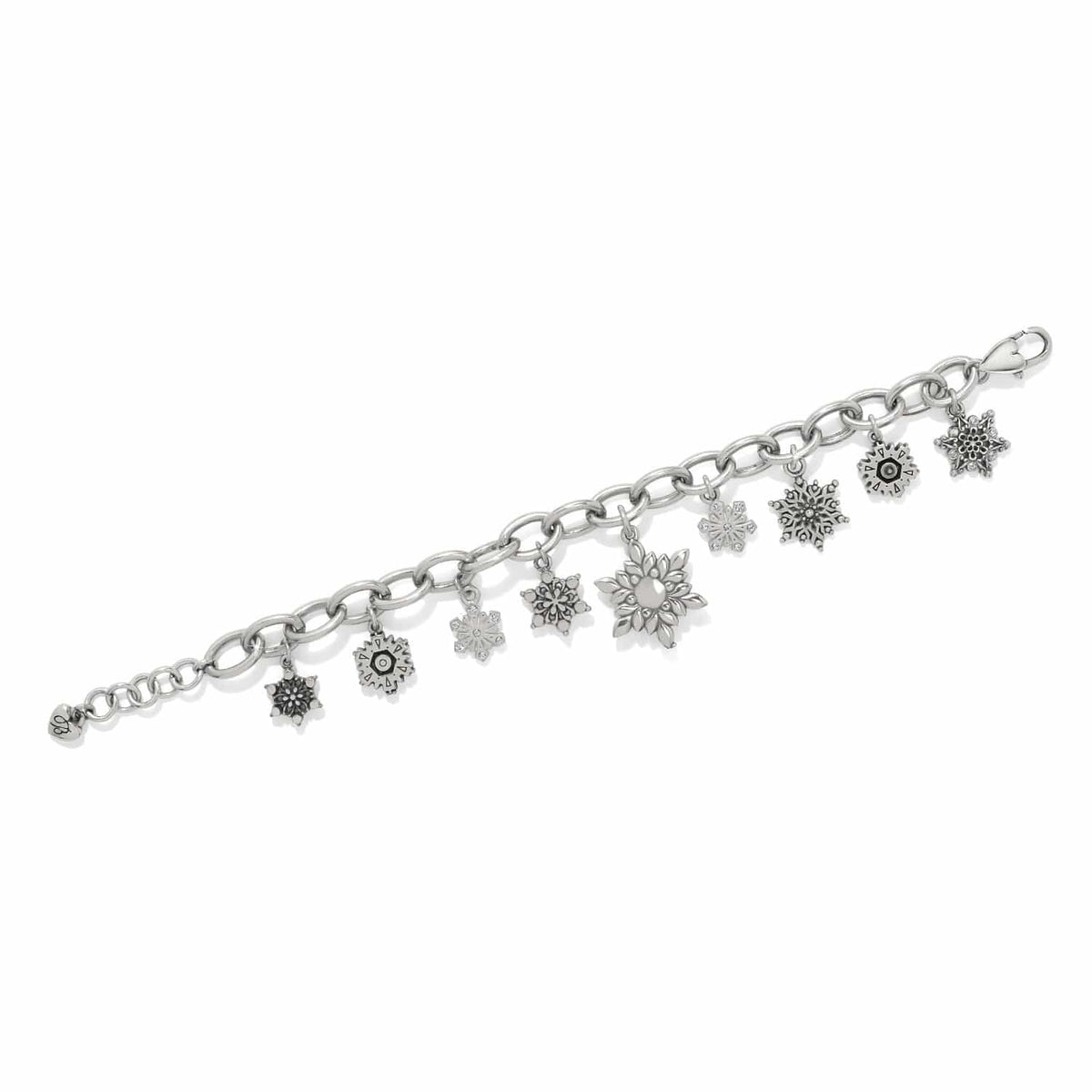 Brighton silver-plated charm bracelet with assorted snowflake charms and crystal accents on a white background