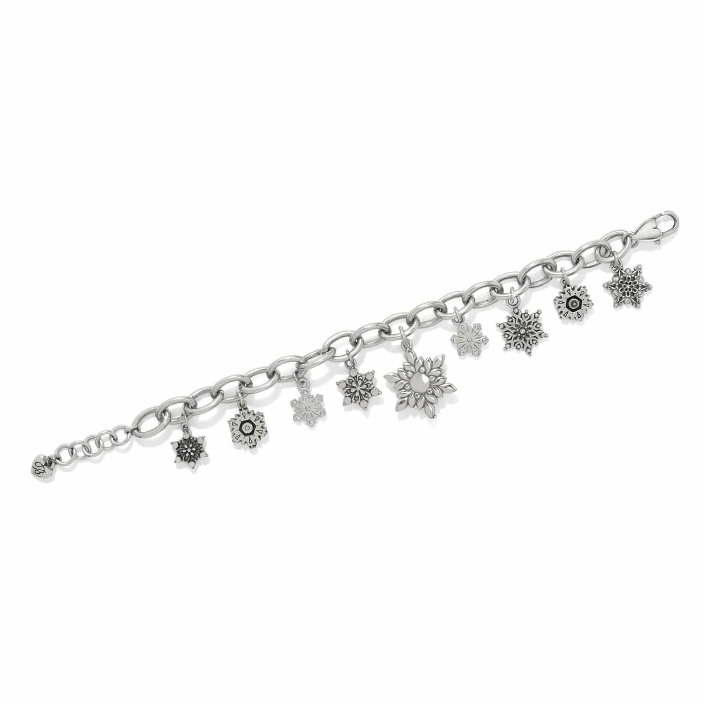 Brighton silver-plated charm bracelet with assorted snowflake charms and crystal accents on a white background