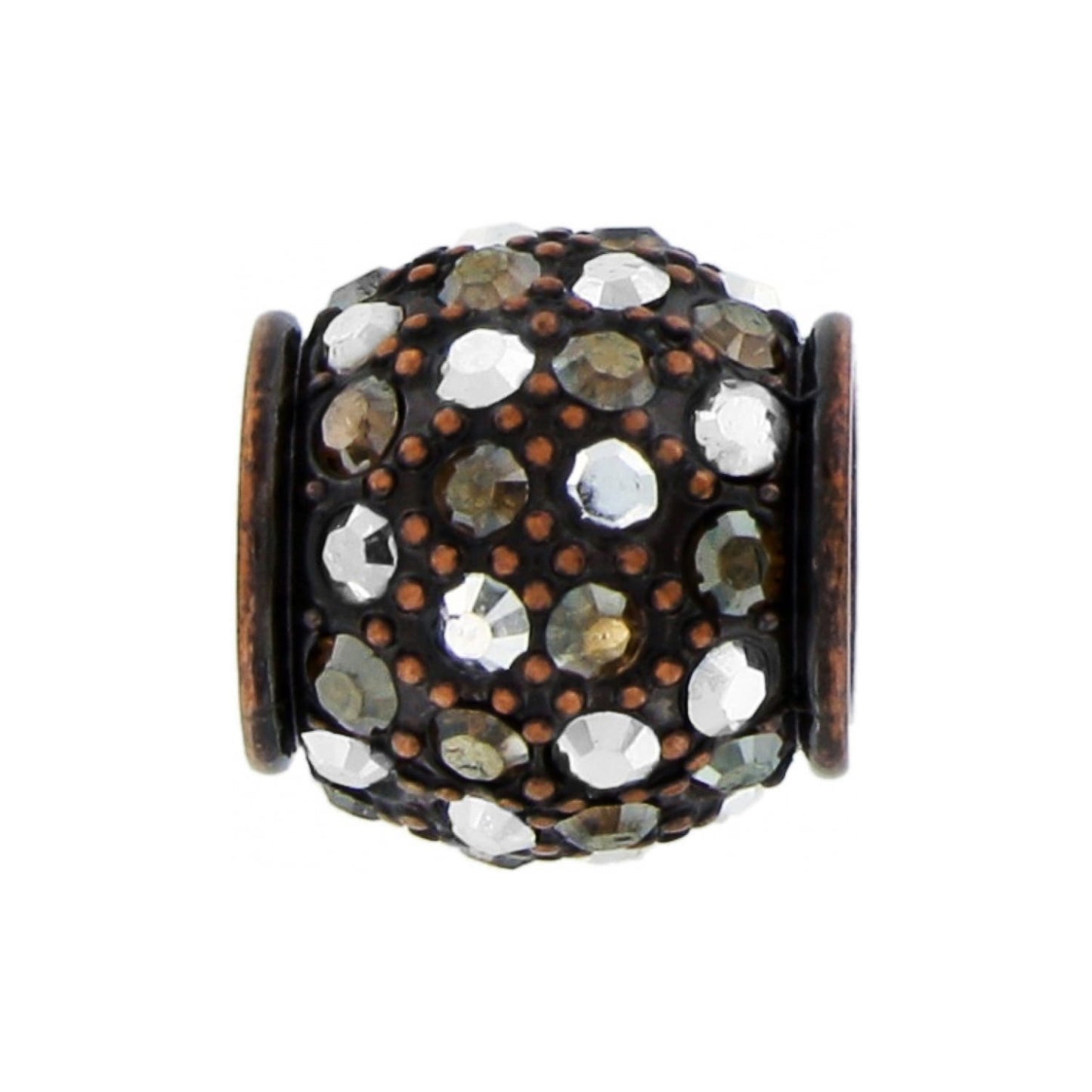 Brighton bead charm with clear and smoky crystals set in copper-tone metal with beaded detailing on a white background