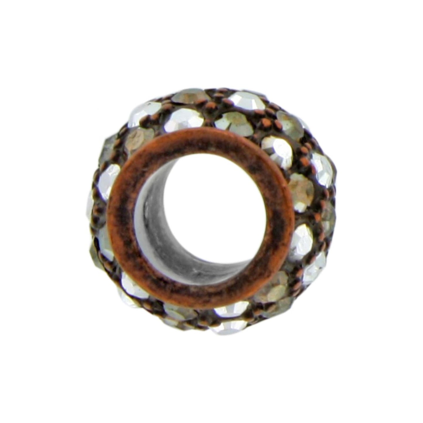 Brighton spacer bead charm with pave crystal accents and copper-tone grommet threading hole on a white background
