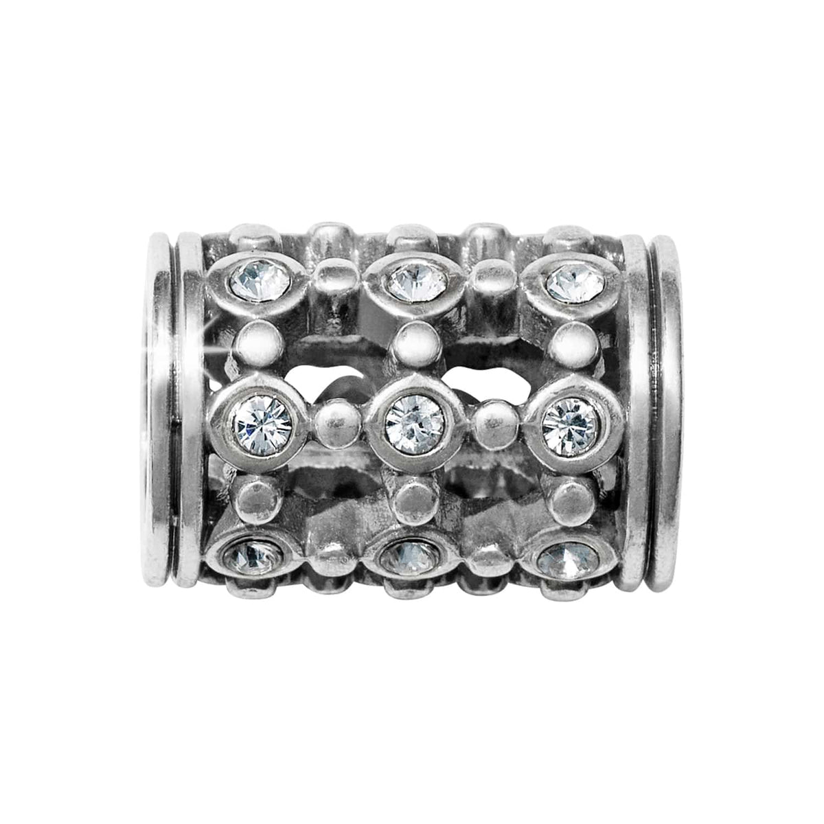 Brighton silver-plated cylindrical bead charm with crystal accents and dotted openwork detail on a white background