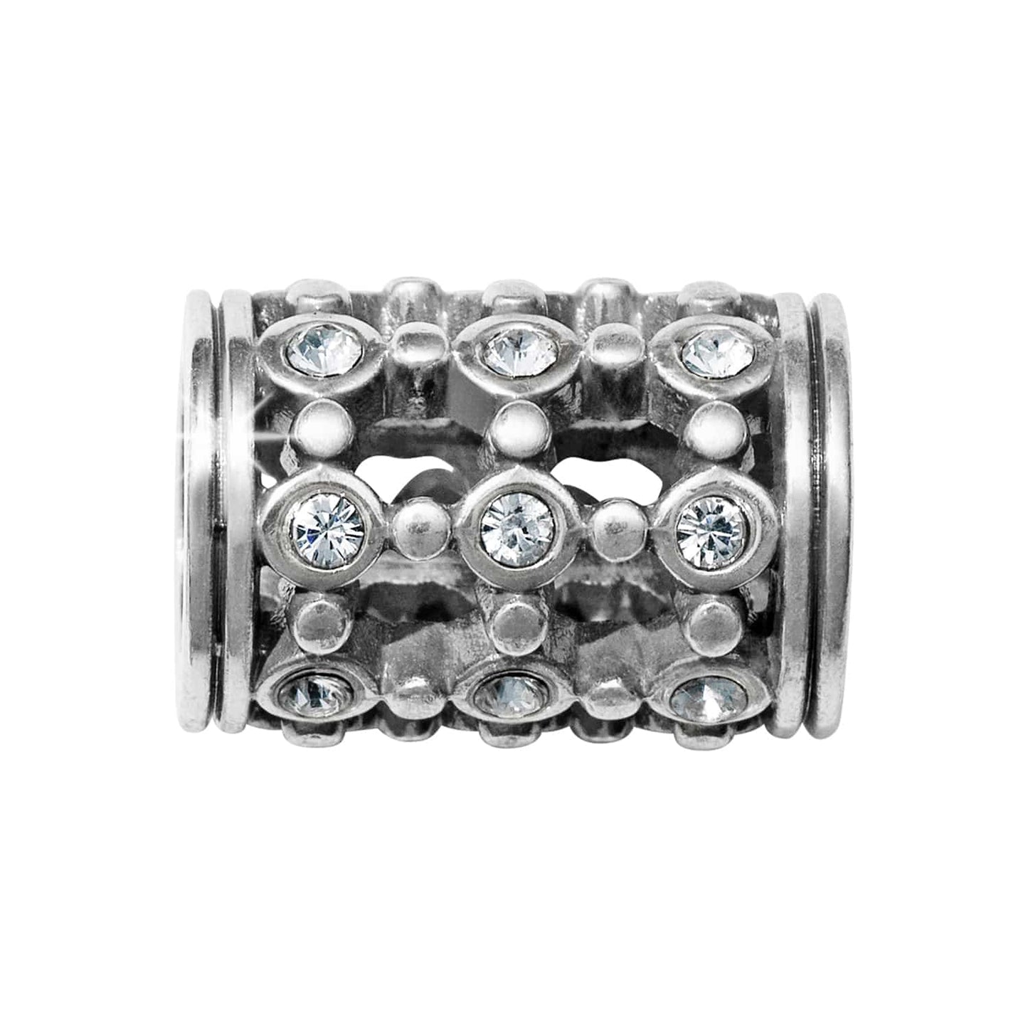 Brighton silver-plated cylindrical bead charm with crystal accents and dotted openwork detail on a white background