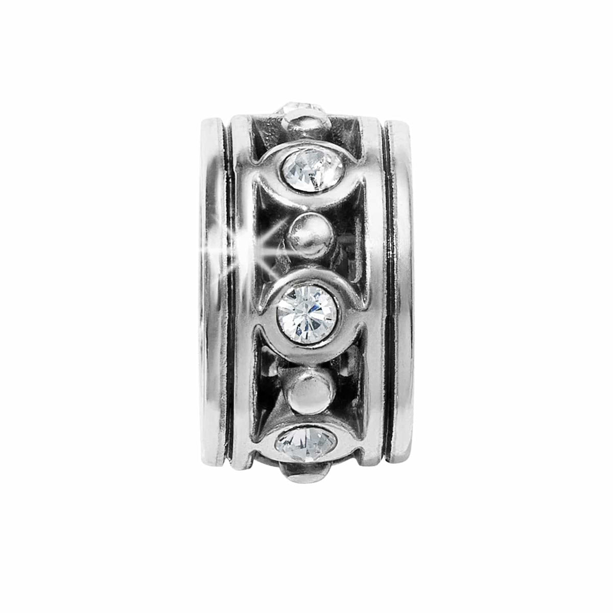 Brighton silver-plated charm bead with crystal accents and beaded detailing along a ridged band on a white background