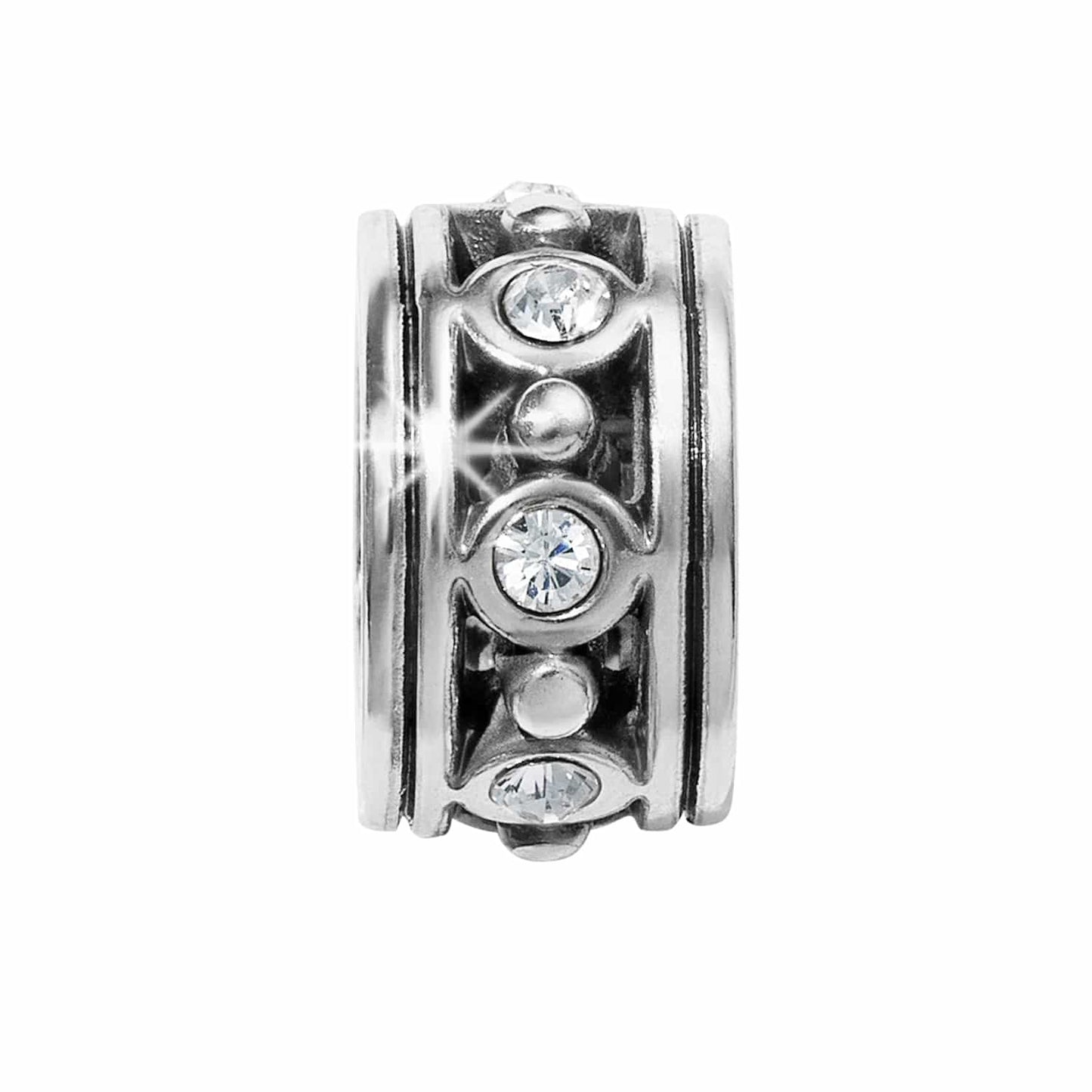 Brighton silver-plated charm bead with crystal accents and beaded detailing along a ridged band on a white background