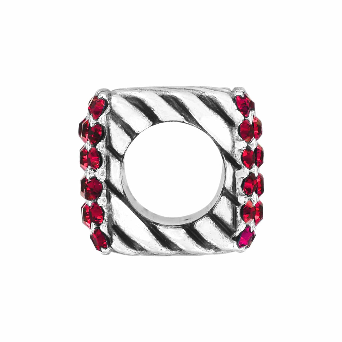 Brighton silver-plated square charm bead with twisted rope pattern and red crystal accents on a white background