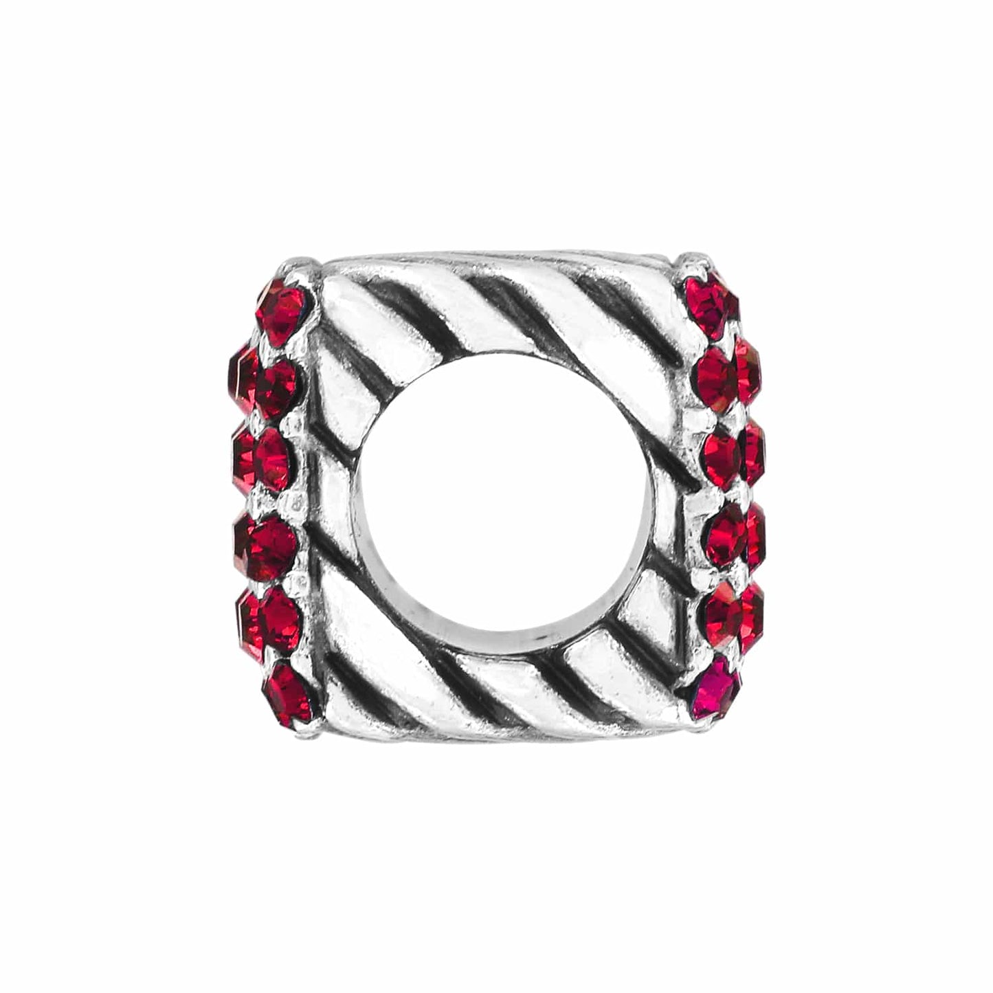 Brighton silver-plated square charm bead with twisted rope pattern and red crystal accents on a white background