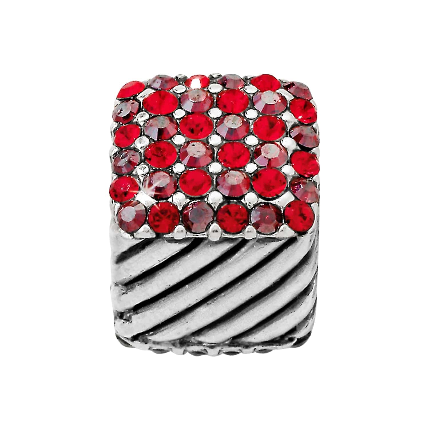 Brighton silver-plated charm bead with red crystal pave top and diagonal ribbed metalwork sides on a white background