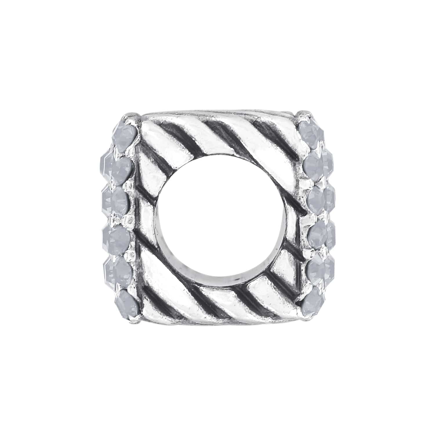 Brighton silver-plated square bead charm with diagonal rope texture and crystal-lined edges on a white background