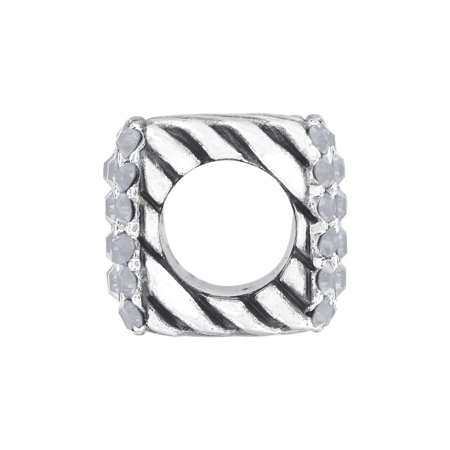 Brighton silver-plated square bead charm with diagonal rope texture and crystal-lined edges on a white background