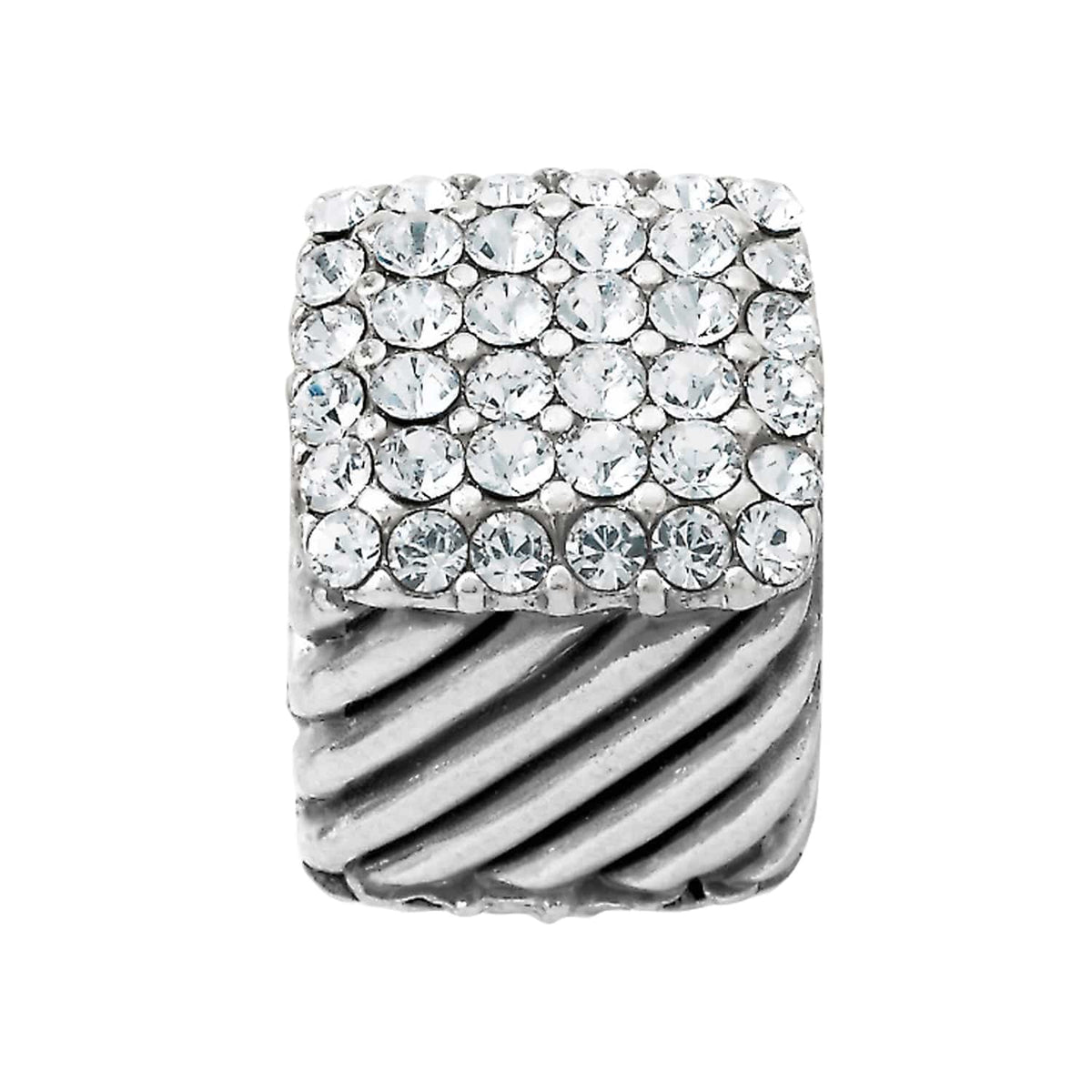 Brighton silver-plated charm with pavé crystal top and diagonal rope-textured base on a white background