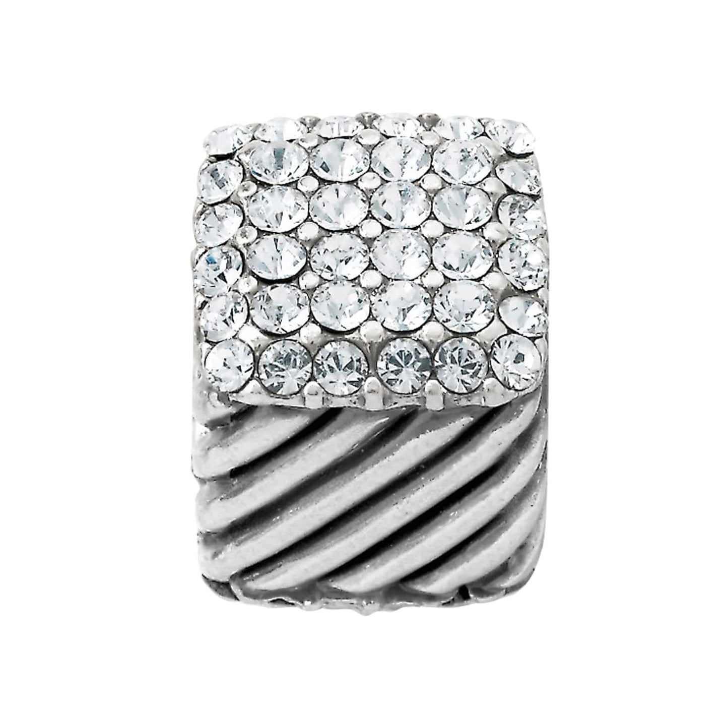 Brighton silver-plated charm with pavé crystal top and diagonal rope-textured base on a white background