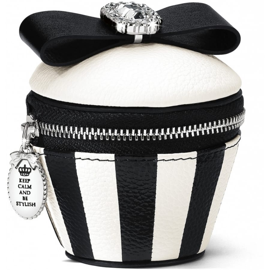 Brighton cupcake-shaped coin purse with black and white stripes, satin bow, crystal accent, and engraved charm on a white background