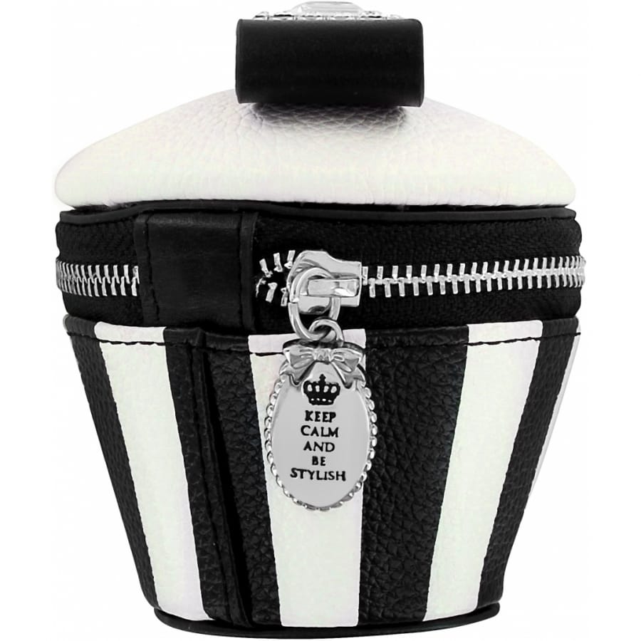 Brighton cupcake-shaped zippered trinket case with black and white striped body and engraved silver-tone charm on a white background