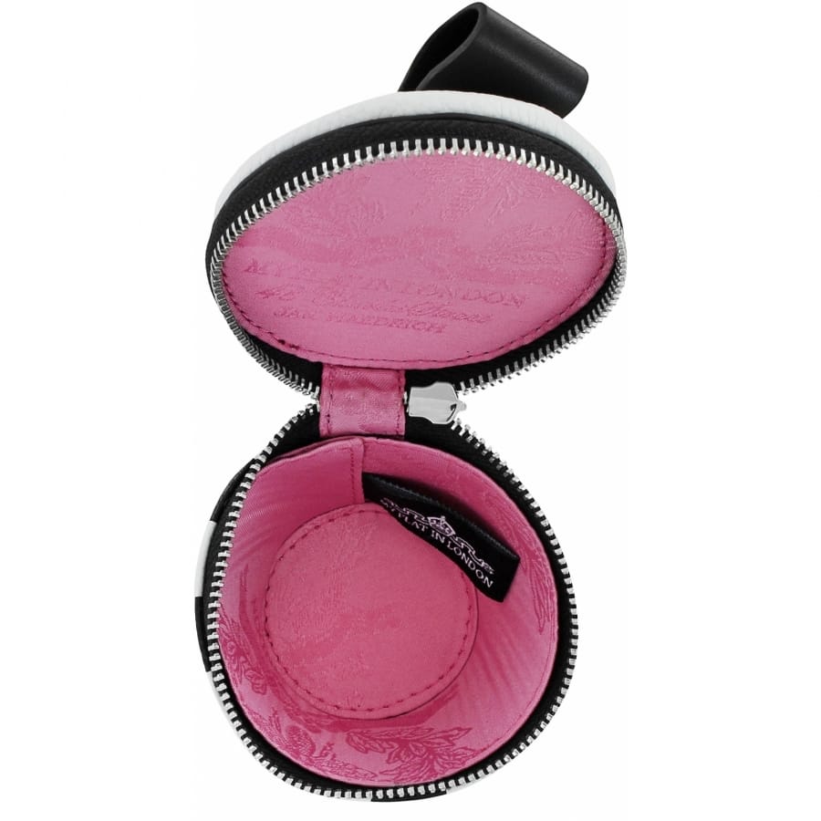 Brighton round zippered jewelry case shown open with pink satin interior and silver-tone zipper on a white background