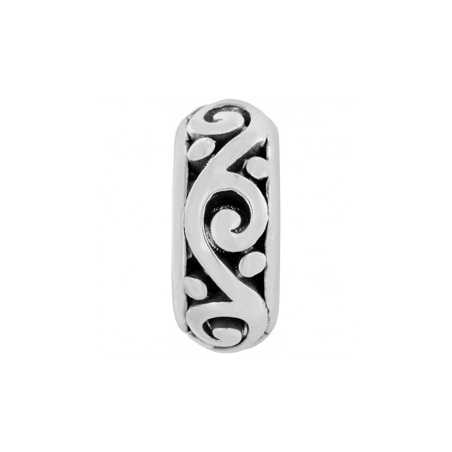 Brighton spacer charm with silver-plated scroll and dot openwork design on a white background