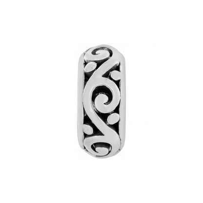 Brighton spacer charm with silver-plated scroll and dot openwork design on a white background