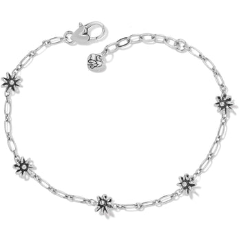 Brighton silver-plated chain bracelet with five flower stations and lobster clasp on a white background