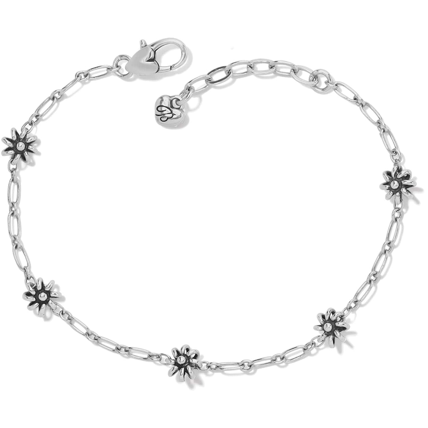 Brighton silver-plated chain bracelet with five flower stations and lobster clasp on a white background