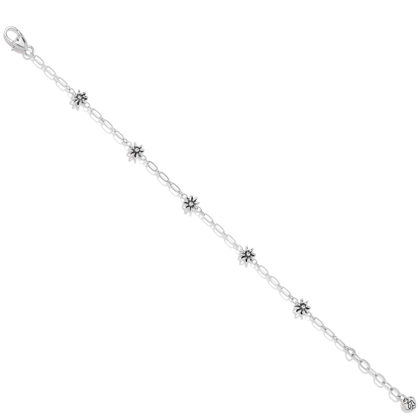 Brighton silver-plated chain bracelet with small star-shaped stations, crystal accents, and lobster clasp on a white background