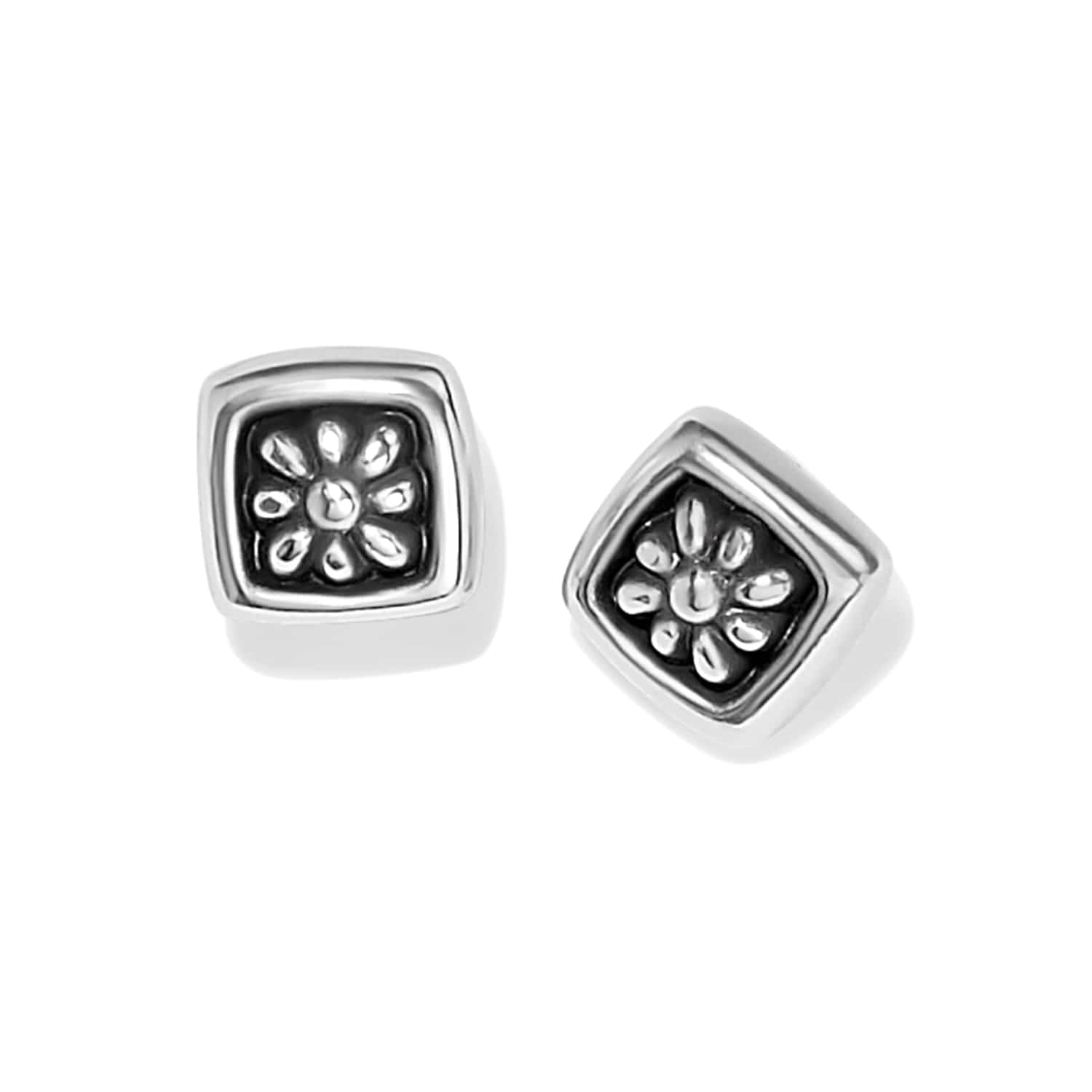 Brighton stud earrings with silver-plated square frames and floral center motifs on a white background
