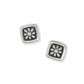Brighton stud earrings with silver-plated square frames and floral medallion centers on a white background