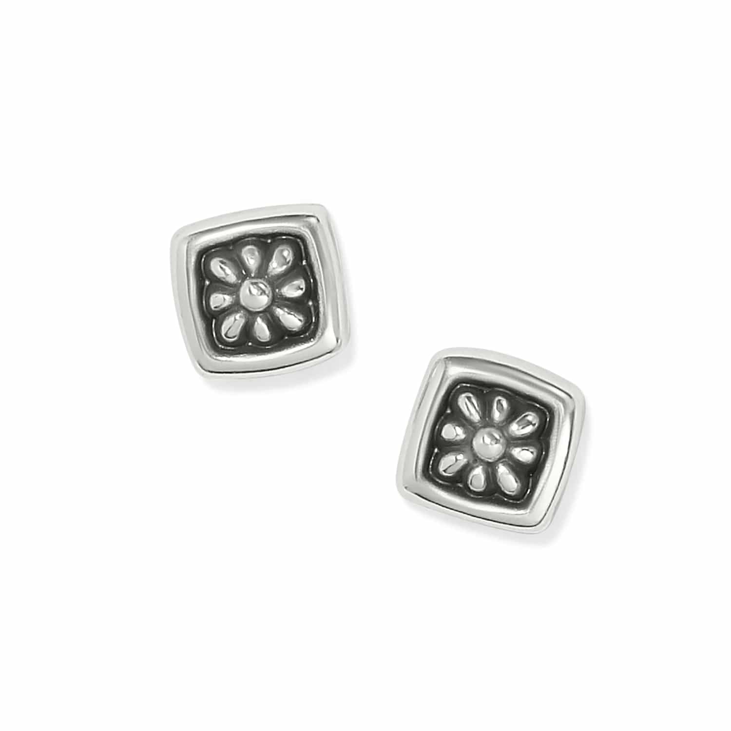 Brighton stud earrings with silver-plated square frames and floral medallion centers on a white background
