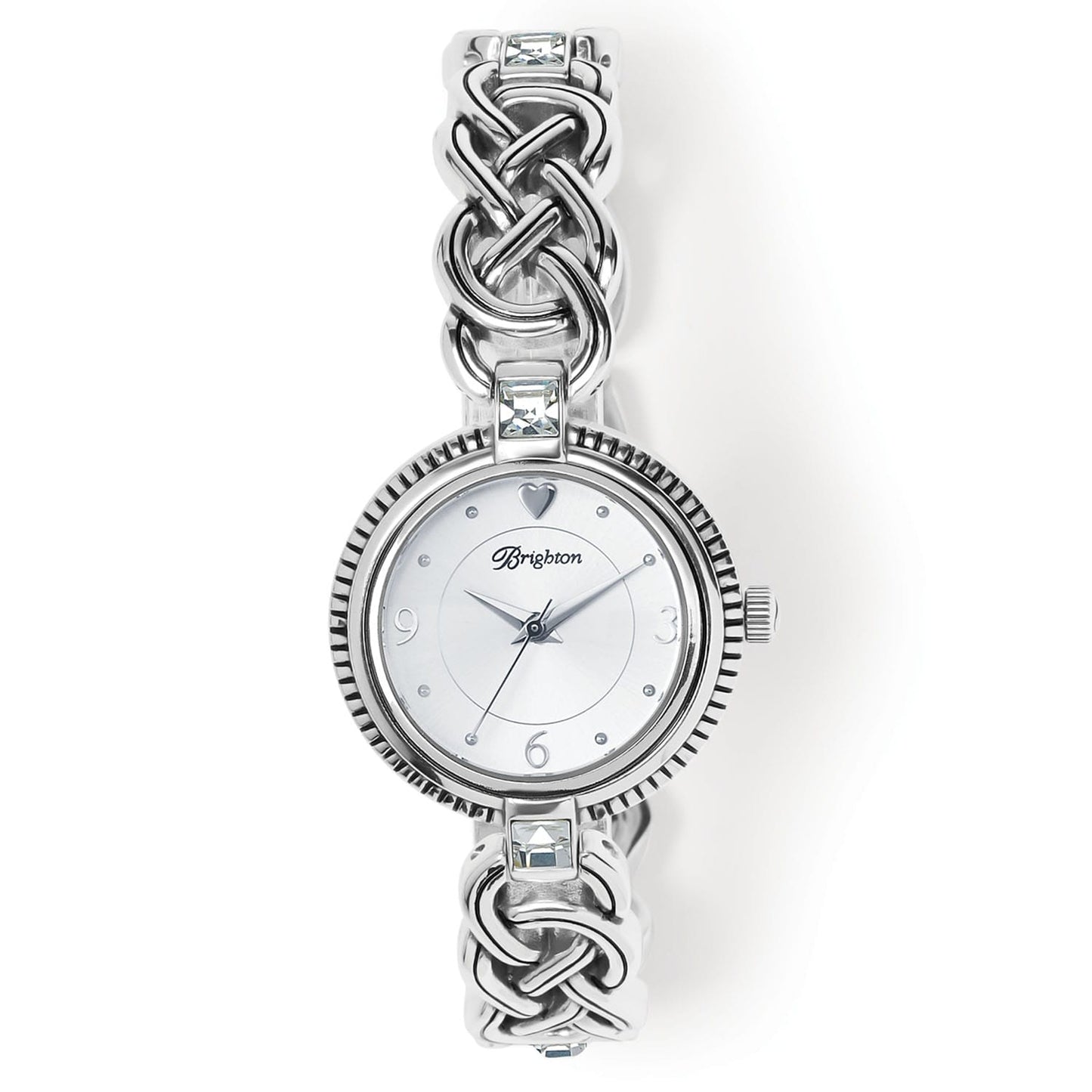 Brighton watch with silver-plated braided knot bracelet, crystal accents, and round dial with heart marker on a white background
