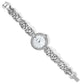 Brighton watch with silver-plated woven link bracelet, crystal accents, and round mother-of-pearl dial on a white background