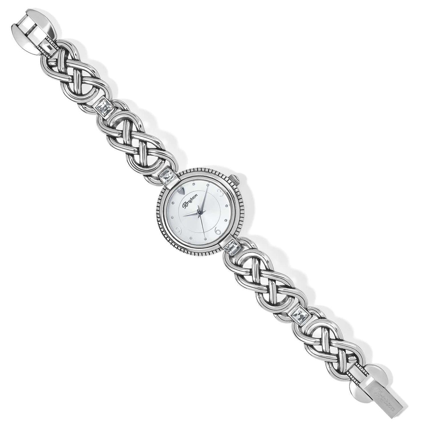 Brighton watch with silver-plated woven link bracelet, crystal accents, and round mother-of-pearl dial on a white background