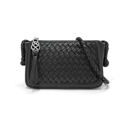 Brighton handbag in black woven leather with braided shoulder strap and silver-tone zipper pull on a white background
