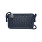Brighton woven leather crossbody handbag in navy and black with braided strap and silver-tone hardware on a white background