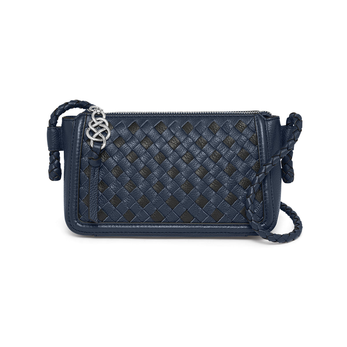 Brighton woven leather crossbody handbag in navy and black with braided strap and silver-tone hardware on a white background