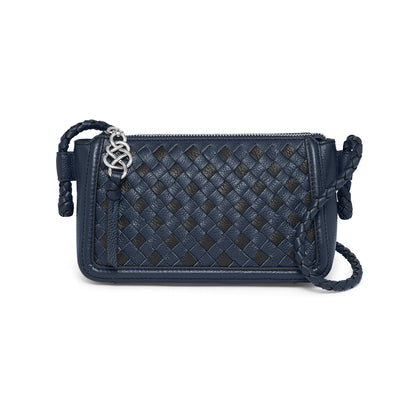 Brighton woven leather crossbody handbag in navy and black with braided strap and silver-tone hardware on a white background