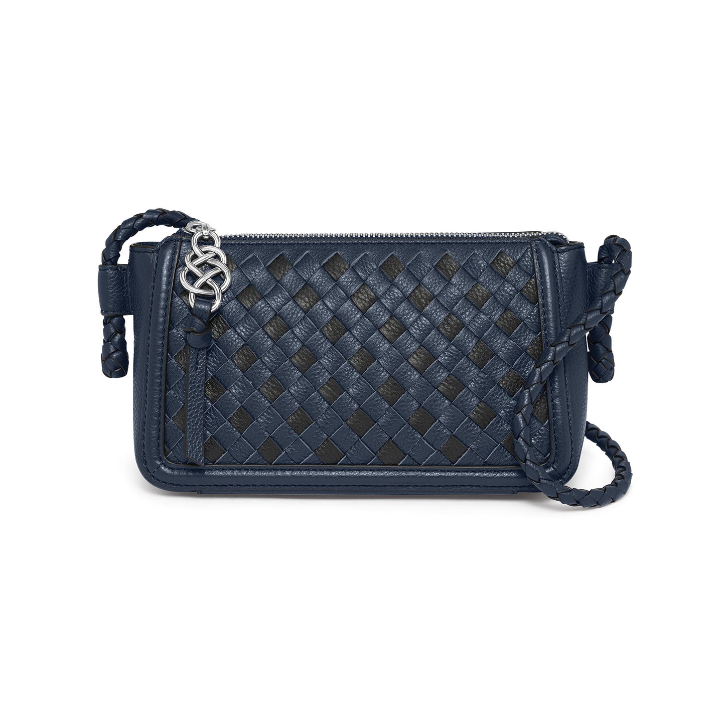 Brighton woven leather crossbody handbag in navy and black with braided strap and silver-tone hardware on a white background