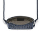 Brighton navy woven leather crossbody handbag shown open with patterned interior lining and braided strap on a white background
