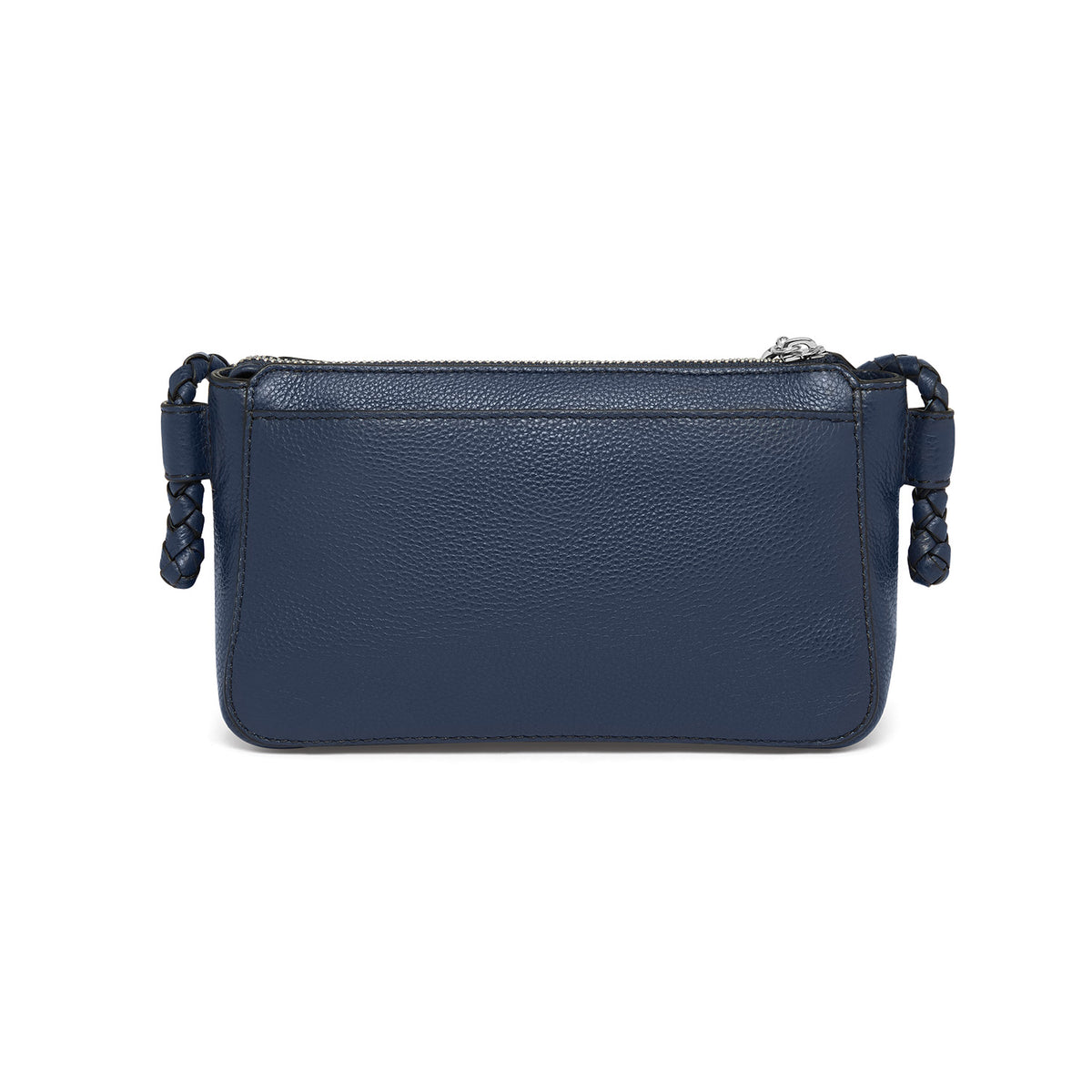 Brighton navy blue pebbled leather handbag shown from the back with braided strap accents on a white background