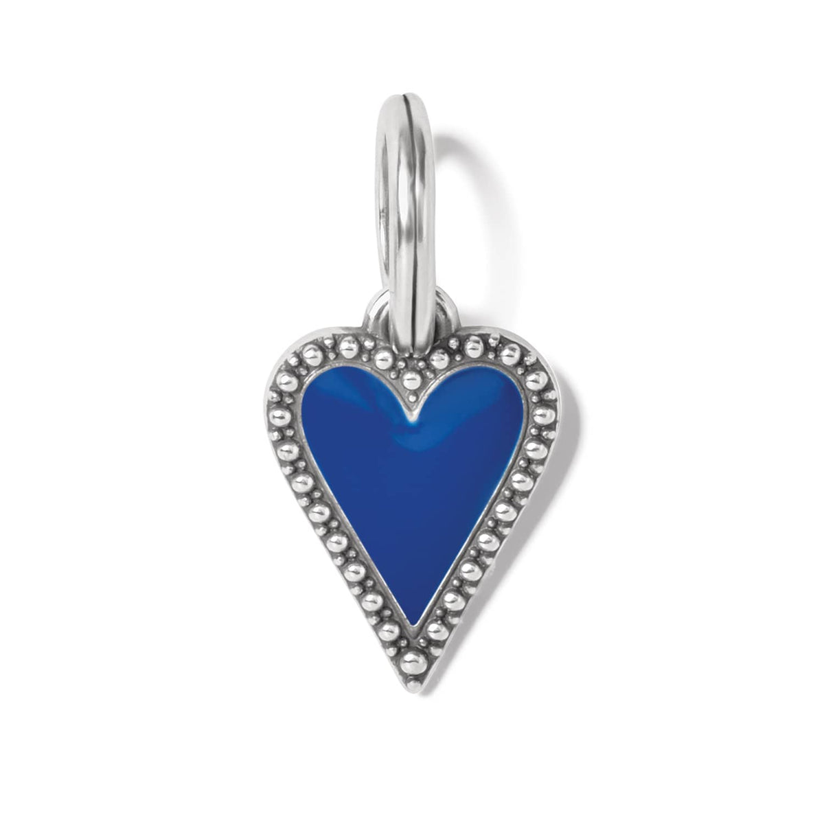 Brighton heart charm with blue enamel center and silver-plated beaded border with split ring on a white background