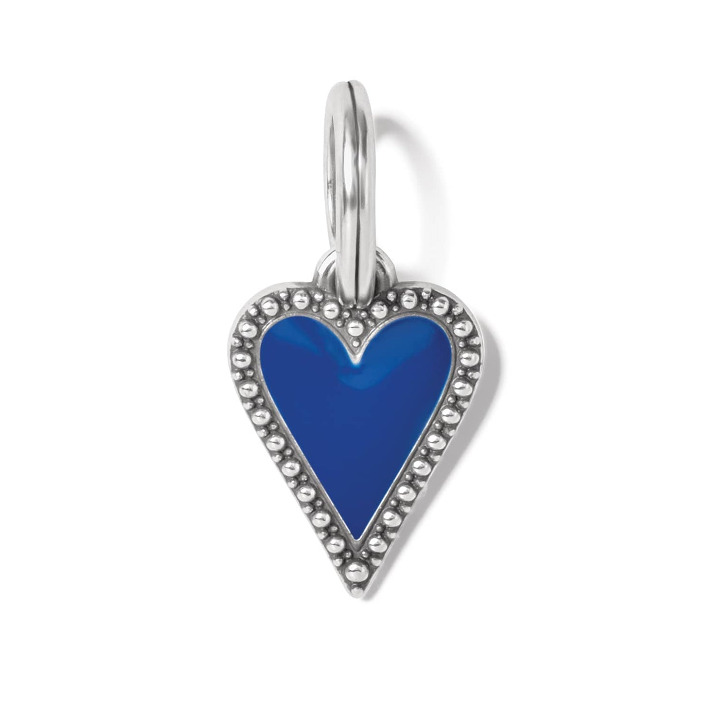 Brighton heart charm with blue enamel center and silver-plated beaded border with split ring on a white background