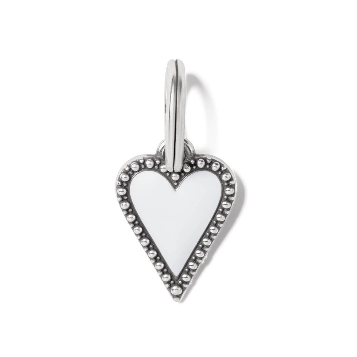 Brighton heart charm with white enamel center and silver-plated beaded border with split ring on a white background