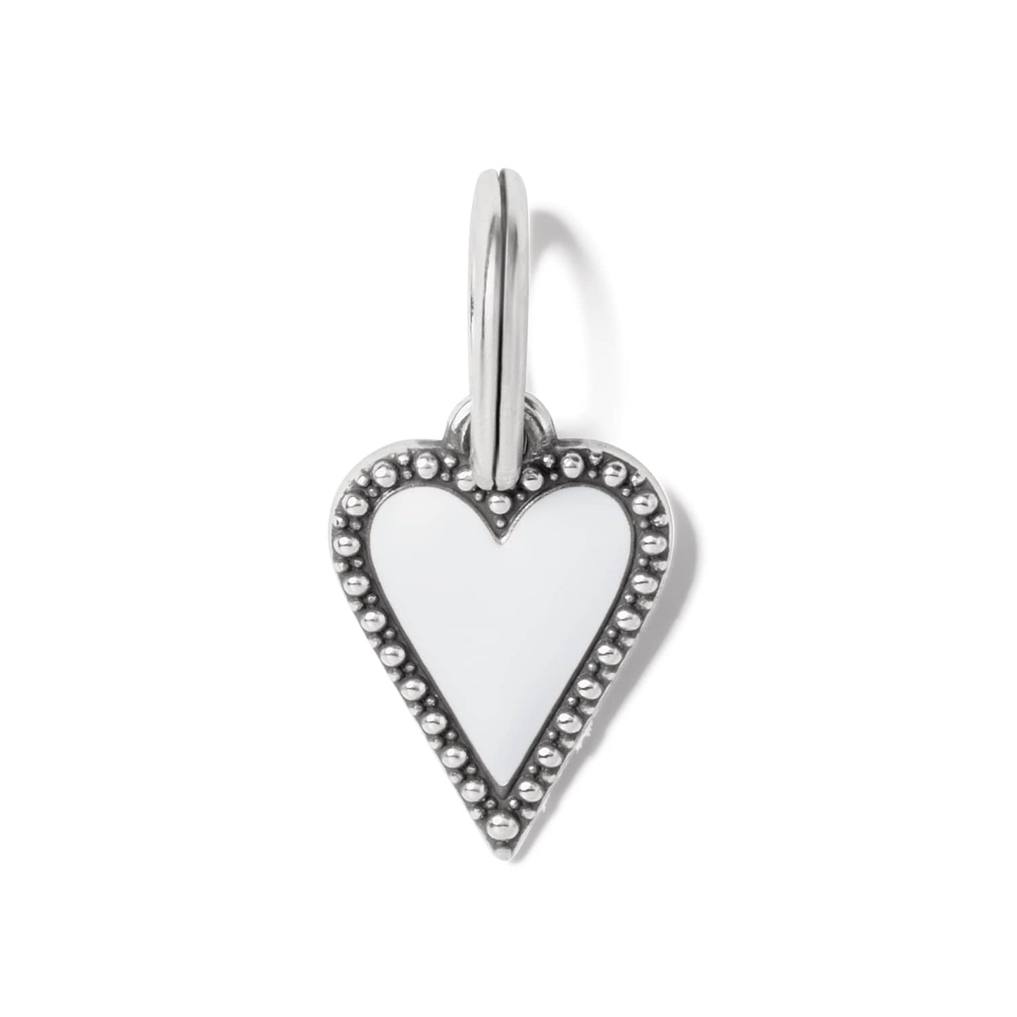 Brighton heart charm with white enamel center and silver-plated beaded border with split ring on a white background
