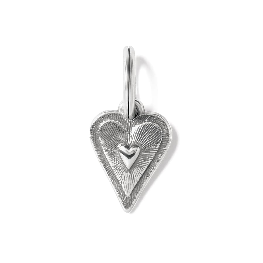 Brighton heart charm with silver-plated finish, textured radiating design, and small raised heart center on a white background