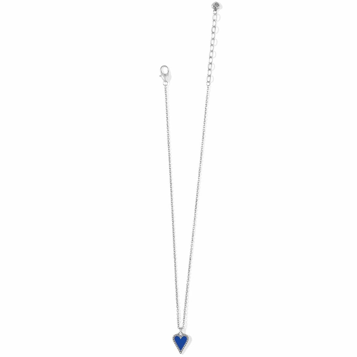Brighton heart pendant necklace with blue enamel center and silver-plated chain with adjustable clasp on a white background