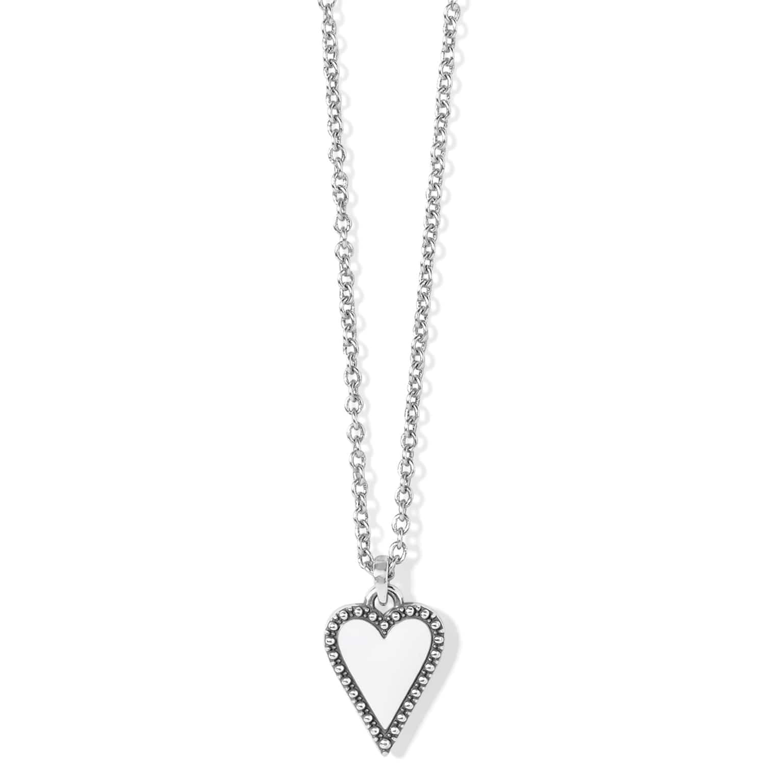 Brighton pendant necklace with white enamel heart and silver-plated beaded border on a white background