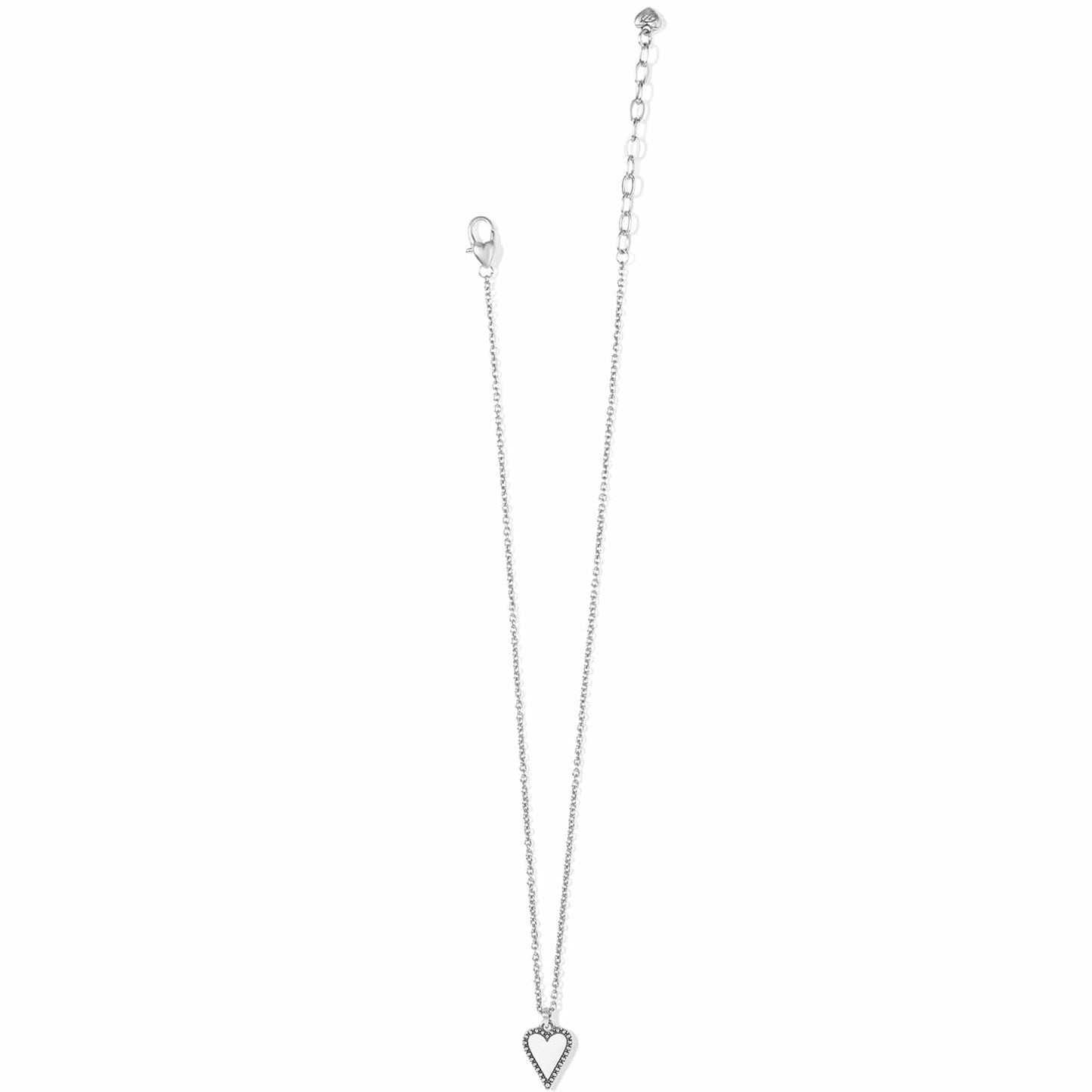 Brighton heart pendant necklace with white enamel center, silver-plated beaded border, and chain on a white background