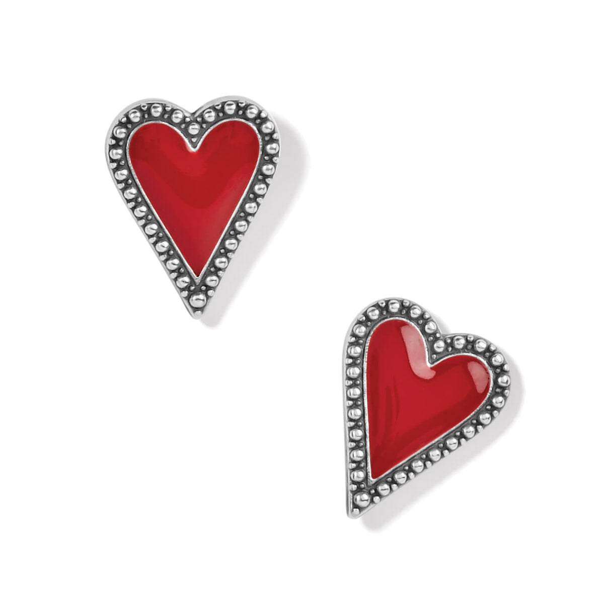 Brighton stud earrings with red enamel hearts and silver-plated beaded borders on a white background