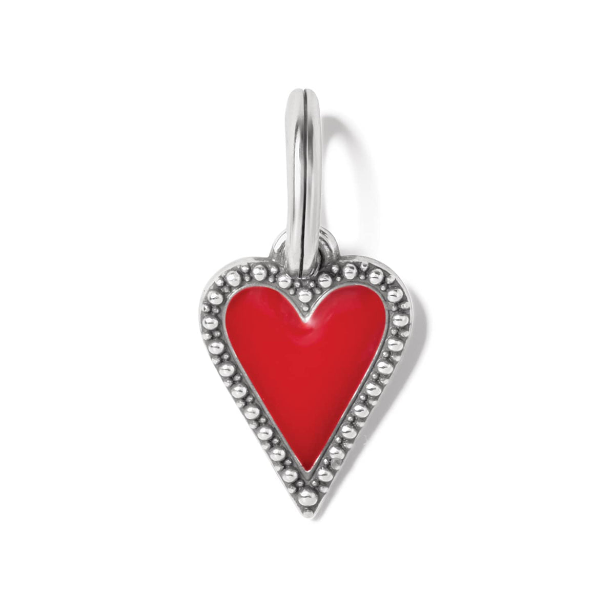 Brighton heart charm with red enamel center and silver-plated beaded border with split ring on a white background