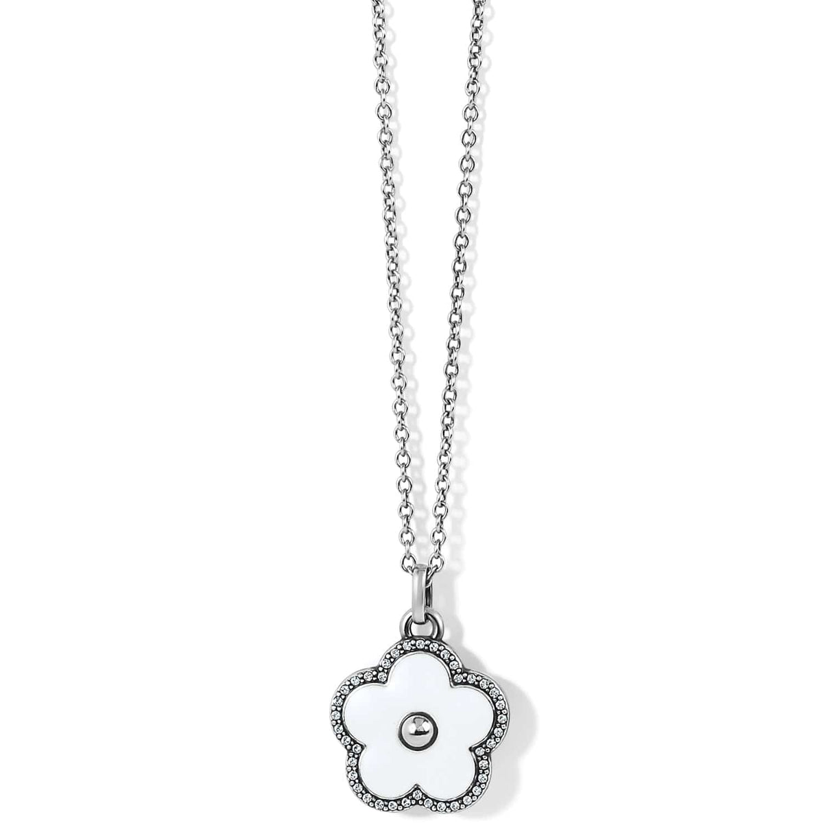 Brighton pendant necklace with silver-plated flower charm, white enamel petals, and crystal trim on a white background
