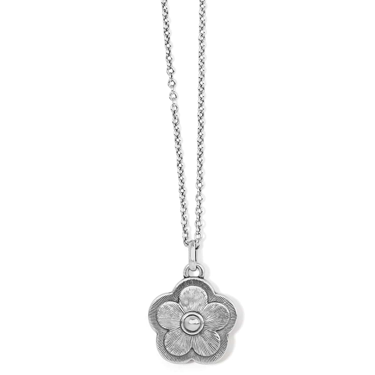 Brighton flower pendant necklace with silver-plated finish and textured petal detail with center bead on a white background
