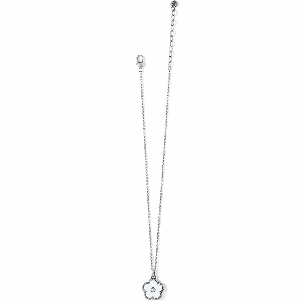 Brighton pendant necklace with silver-plated chain and white flower charm with crystal center on a white background