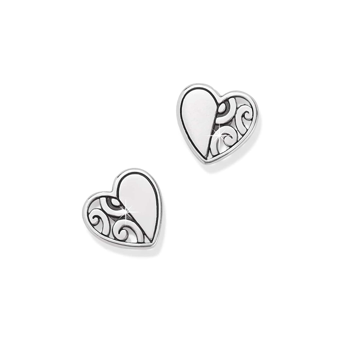 Brighton heart stud earrings with silver-plated finish and swirl filigree detail on one half, on a white background